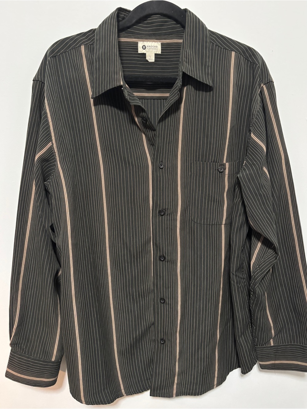 HAGGAR Brown & Tan Stripes Retro 70’s Button Down Mens Shirt L